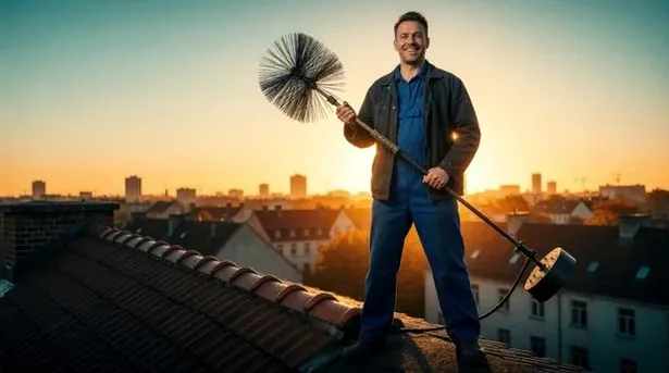Chimney technician on a rooftop at sunset in Ventura County